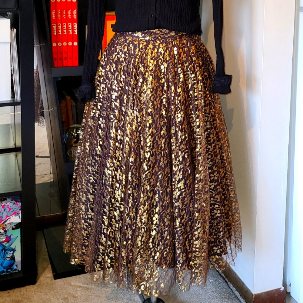 Vtg. 50's Black & Gold Lace Swing Skirt
